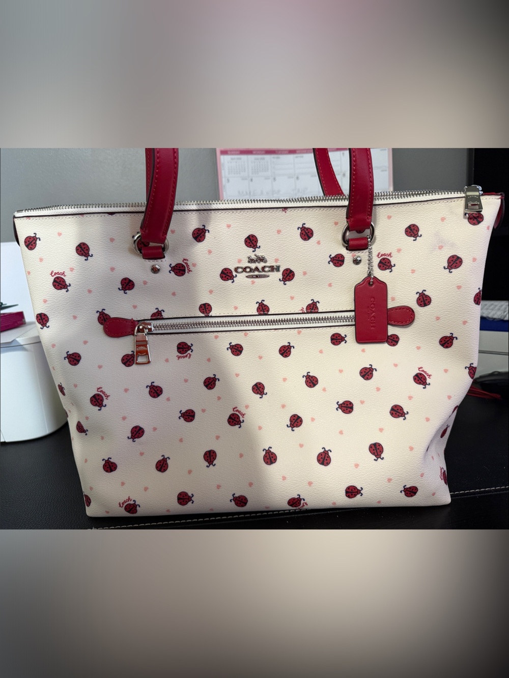 Coach Cream Leather Tote with Red Ladybug Print and Red Trim